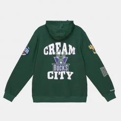 Mitchell & Ness NBA Team Origins Milwaukee Bucks Ανδρική Μπλούζα με Κουκούλα DARK GREEN -Lifestyle Ρούχα Εκπτώσεις mitchell ness nba team origins fleece hoodymilw 1